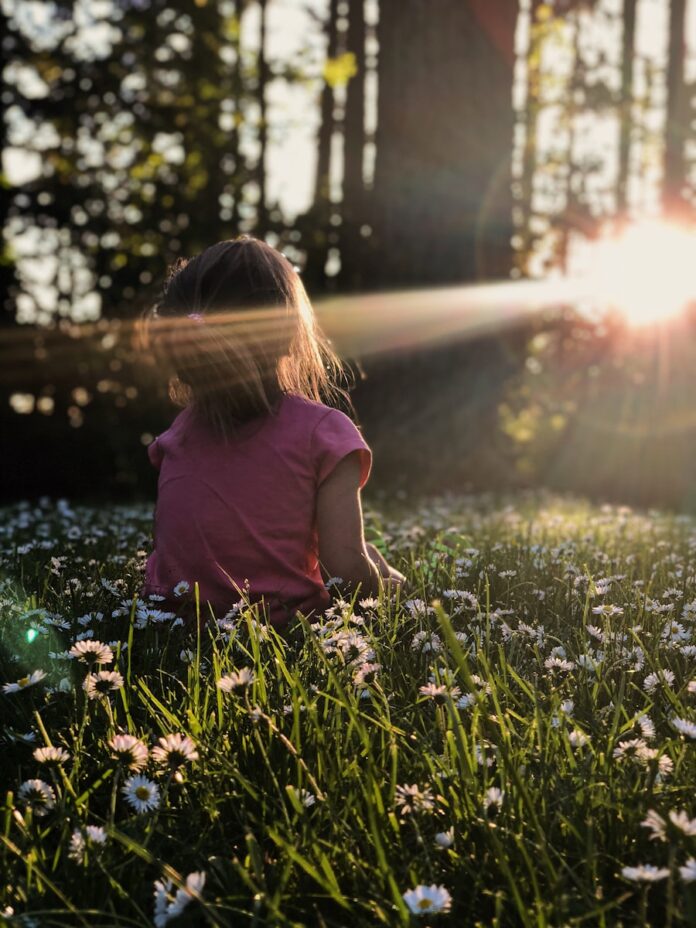 Photo by Melissa Askew girl sitting on daisy flowerbed in forest