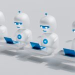 “AI로 똑똑하게 건강 챙기기… 일상에서 실천하는 똑똑한 활용법” a group of white robots sitting on top of laptops